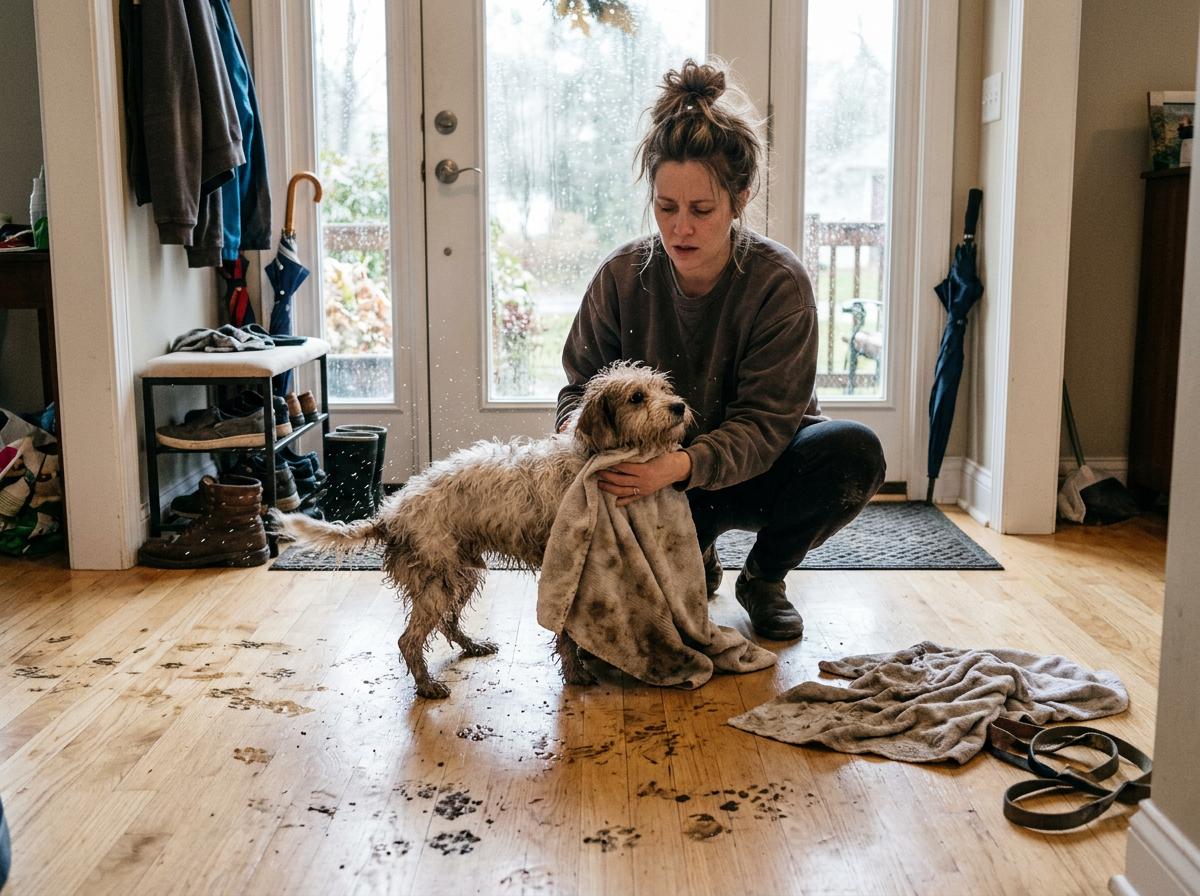 Drying a muddy dog after a rainy walk