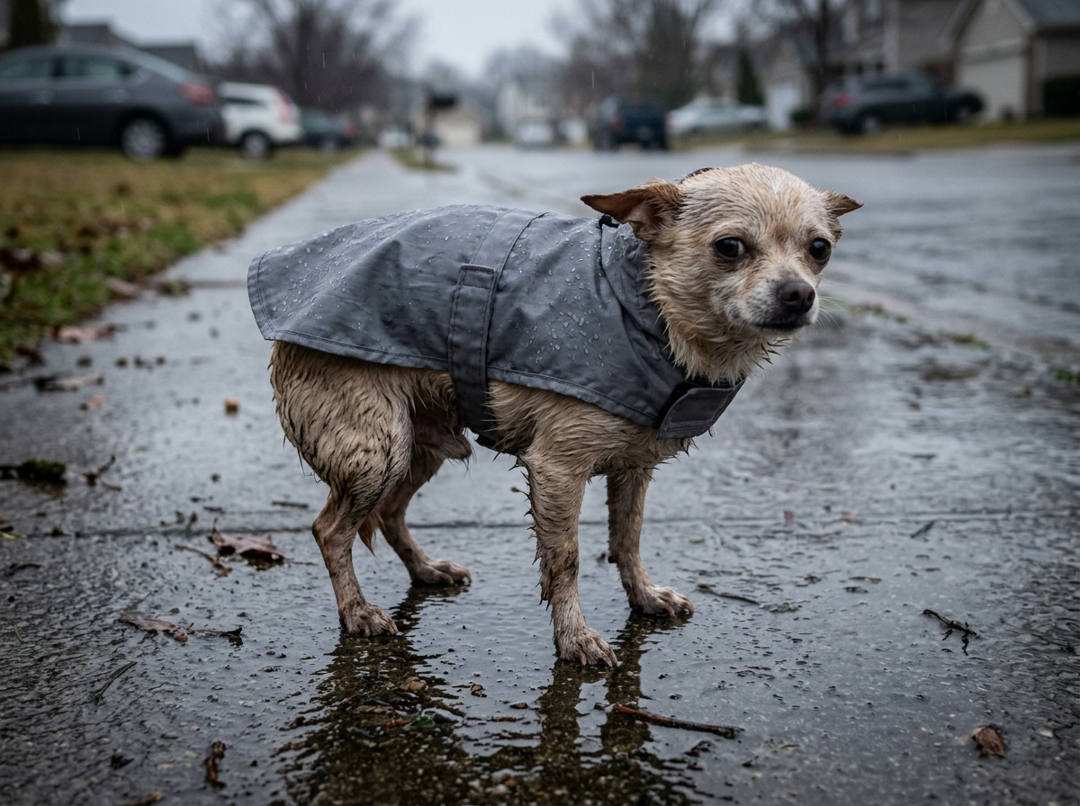 Small dog shivering in a regular raincoat