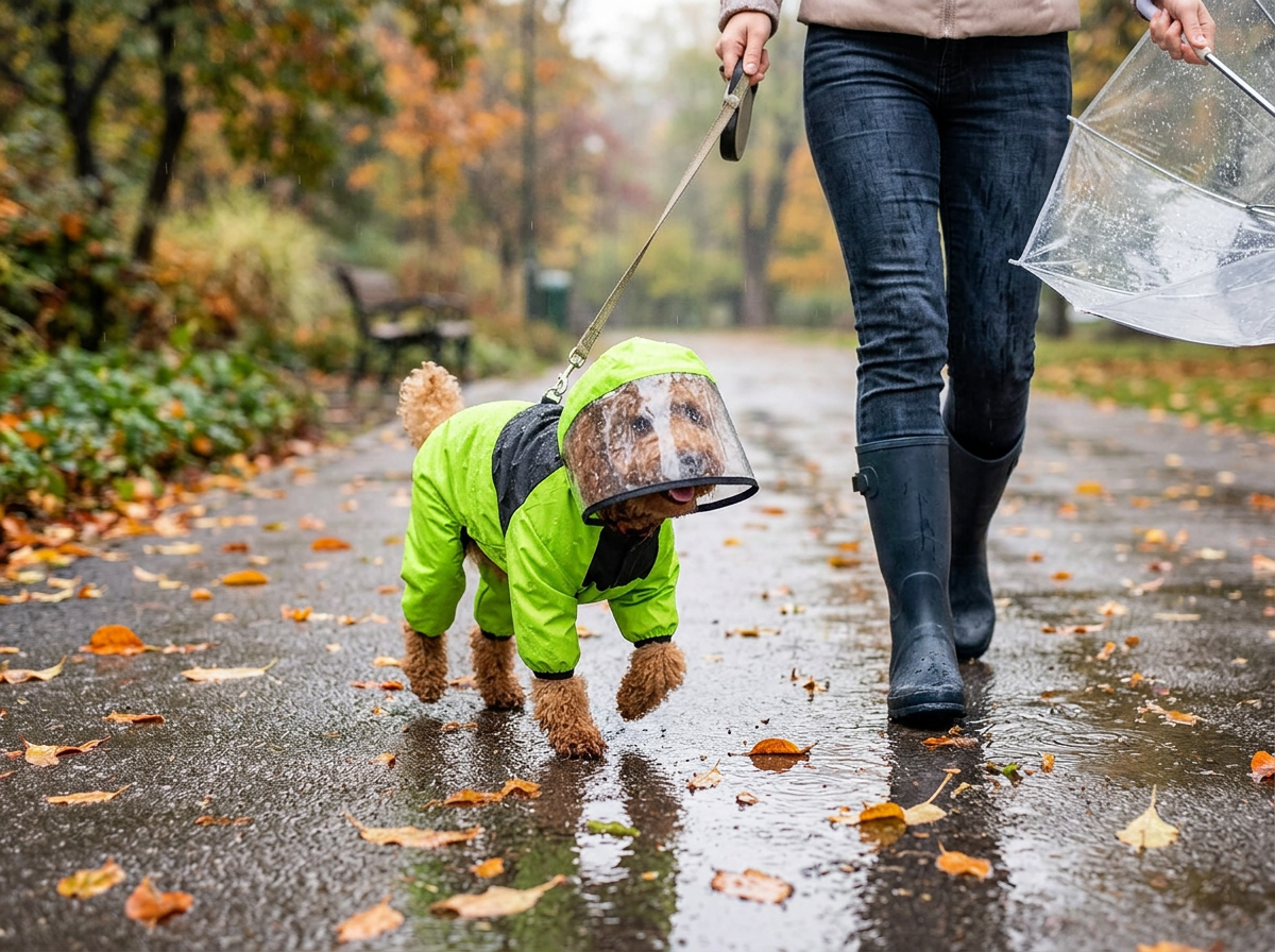 Dog walking dry in the rain with Pupbrella