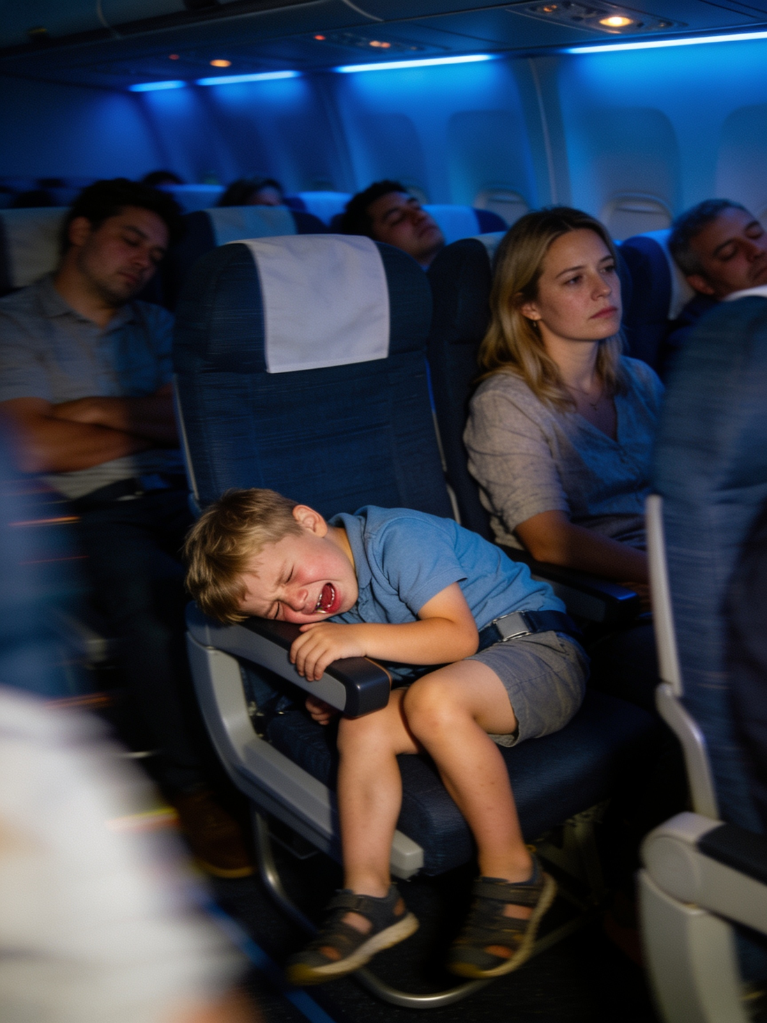 Tired toddler on an overnight flight