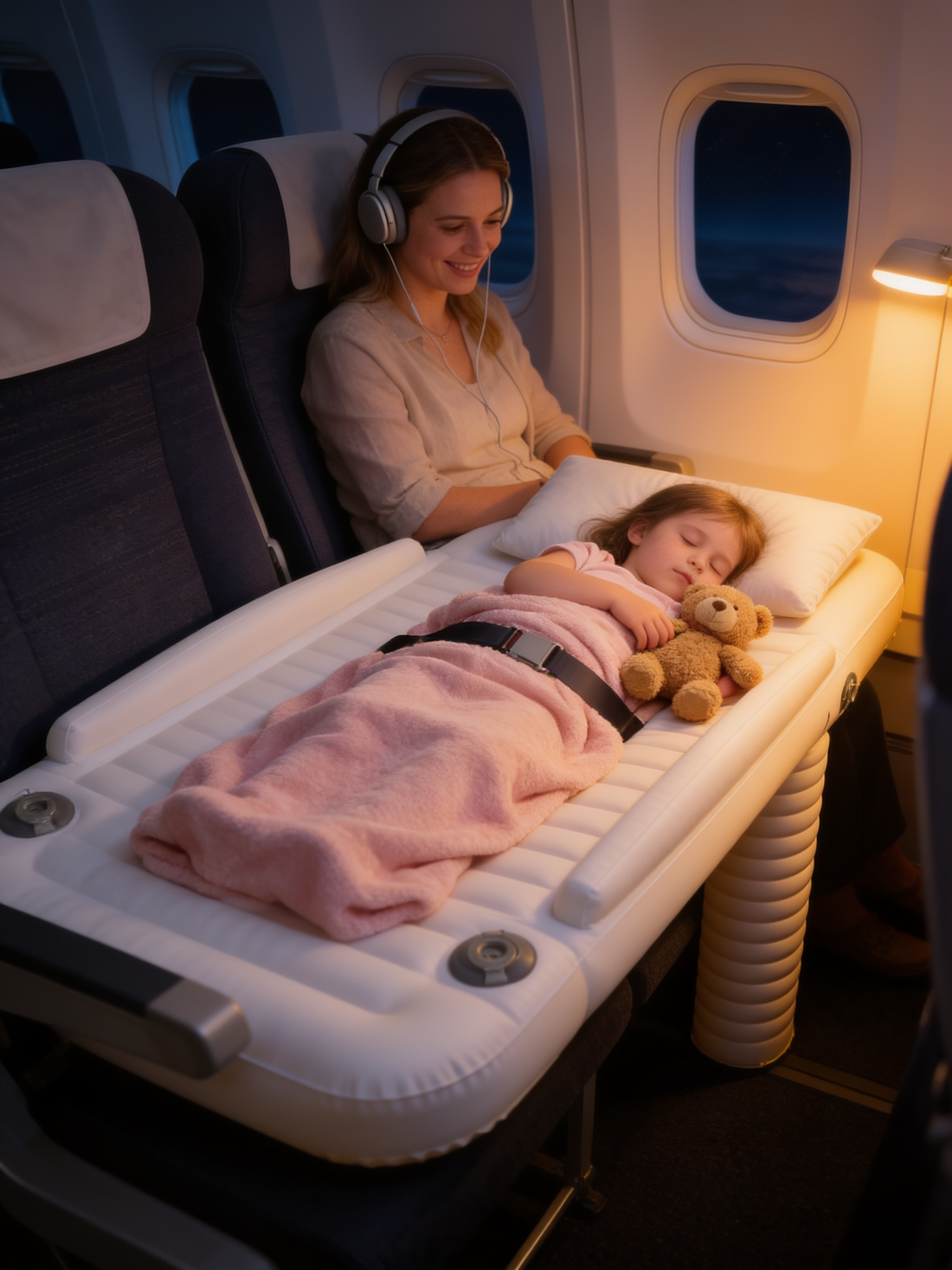 Child sleeping on SkyNap during a flight